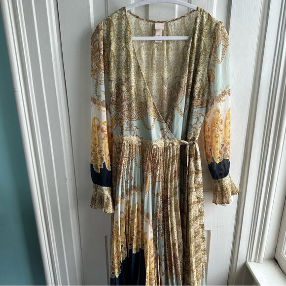 H&M Printed Pleated Chiffon V-Neck Wrap Dress Royal Wedding - Picture 3 of 11